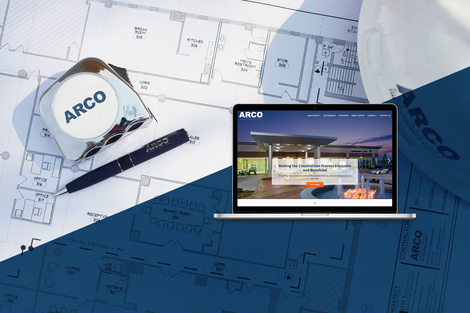mockup of arco website with a laptop overlayed a blue print and tape measure with arco logo