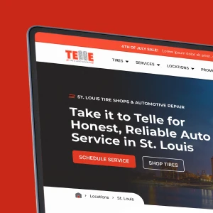 Desktop view of an automotive repair website featuring service scheduling and tire shopping options