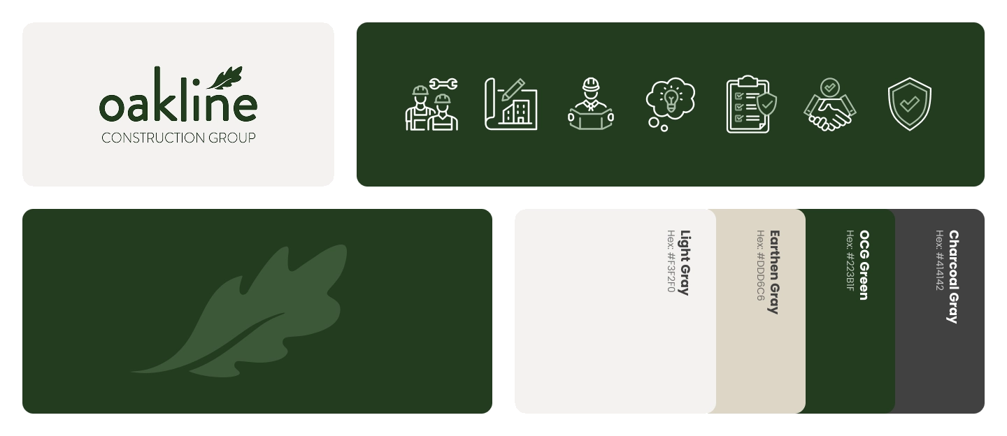 Oakline Construction Group branding graphic with a green oak leaf logo. Icons depict construction tools and documents. Color swatches include Light Gray, Earthen Gray, OCG Green, and Charcoal Gray, conveying a professional tone.