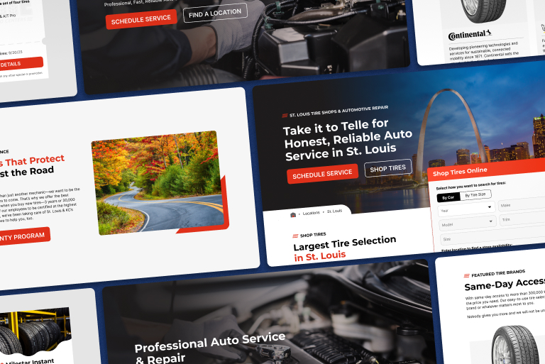 Grid layout of an automotive service website featuring scheduling, tire selection, and service promotion sections