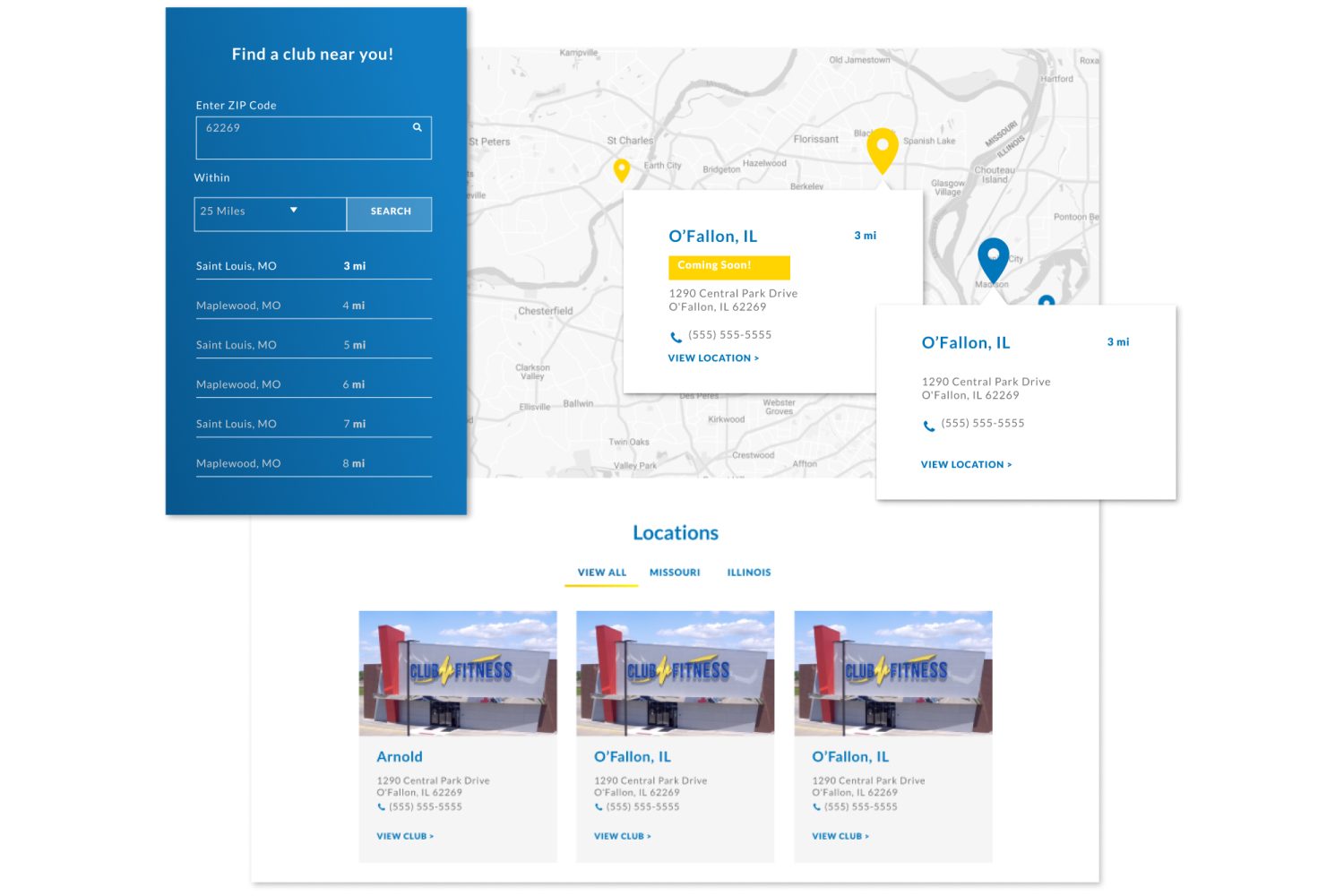 ClubFitness-FindaClub screen grabs of how to find a club fitness location